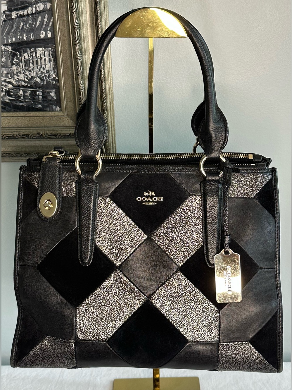 Coach Crosby Black and Grey Patchwork Leather Tote Bag